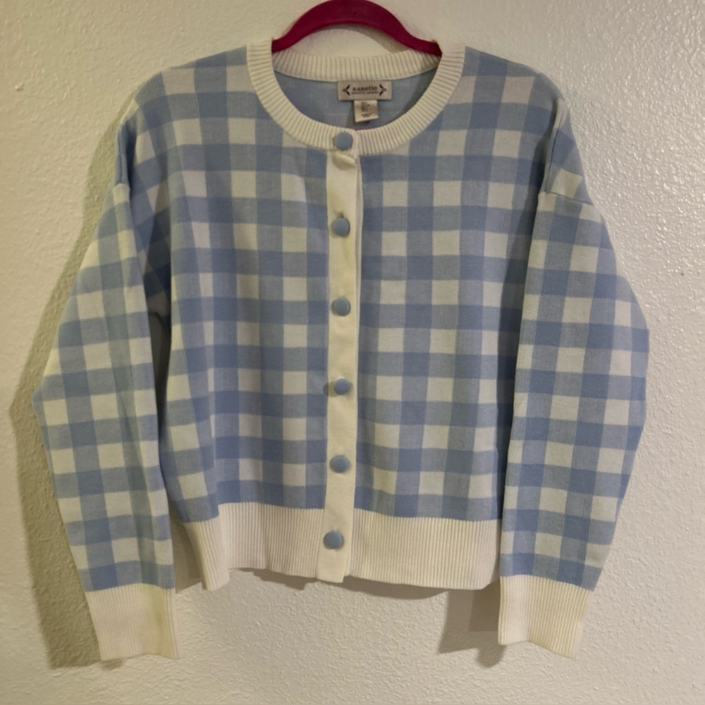 NANETTE LEPORE Cardigan Size Large Gingham Check Button Up Cottagecore Sweater